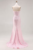 Sparkly Light Pink Beaded Halter Neck Mermaid Maxi Corset Prom Dress
