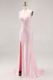 Sparkly Light Pink Beaded Halter Neck Mermaid Maxi Corset Prom Dress