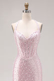 Sparkly Light Pink Beaded Halter Neck Mermaid Maxi Corset Prom Dress