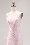 Sparkly Light Pink Beaded Halter Neck Mermaid Maxi Corset Prom Dress