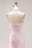 Sparkly Light Pink Beaded Halter Neck Mermaid Maxi Corset Prom Dress