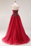 Sparkly Red Beaded Tulle A Line Strapless Long Prom Dress