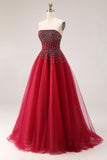 Sparkly Red Beaded Tulle A Line Strapless Long Prom Dress