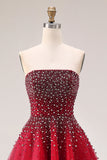Sparkly Red Beaded Tulle A Line Strapless Long Prom Dress
