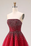 Sparkly Red Beaded Tulle A Line Strapless Long Prom Dress