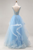 Sky Blue Tulle Floral A Line V-Neck Corset Long Ruffled Prom Dress