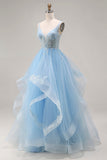 Sky Blue Tulle Floral A Line V-Neck Corset Long Ruffled Prom Dress