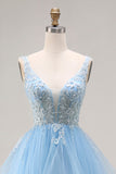 Sky Blue Tulle Floral A Line V-Neck Corset Long Ruffled Prom Dress