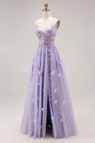 Sparkly Light Purple Sequin A Line Long Corset Prom Dress with Slit