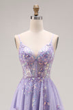 Sparkly Light Purple Sequin A Line Long Corset Prom Dress with Slit