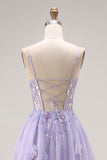 Sparkly Light Purple Sequin A Line Long Corset Prom Dress with Slit