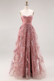 Sparkly Dusty Rose Floral A Line Sweetheart Maxi Prom Dress with Slit