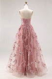 Sparkly Dusty Rose Floral A Line Sweetheart Maxi Prom Dress with Slit
