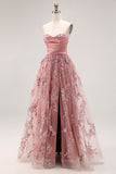 Sparkly Dusty Rose Floral A Line Sweetheart Maxi Prom Dress with Slit