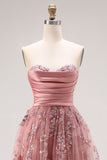 Sparkly Dusty Rose Floral A Line Sweetheart Maxi Prom Dress with Slit