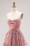 Sparkly Dusty Rose Floral A Line Sweetheart Maxi Prom Dress with Slit