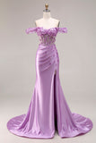 Purple Floral Off the Shoulder Mermaid Long Corset Prom Dress with Slit