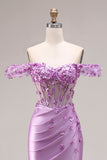 Purple Floral Off the Shoulder Mermaid Long Corset Prom Dress with Slit