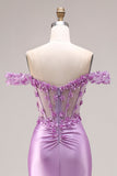 Purple Floral Off the Shoulder Mermaid Long Corset Prom Dress with Slit