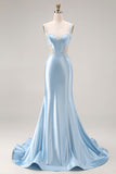 Sky Blue Satin Mermaid Cut Out Long Maxi Corset Prom Dress with Appliques
