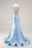Sky Blue Satin Mermaid Cut Out Long Maxi Corset Prom Dress with Appliques