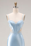 Sky Blue Satin Mermaid Cut Out Long Maxi Corset Prom Dress with Appliques