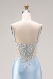 Sky Blue Satin Mermaid Cut Out Long Maxi Corset Prom Dress with Appliques