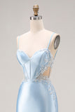 Sky Blue Satin Mermaid Cut Out Long Maxi Corset Prom Dress with Appliques