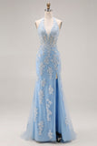 Sky Blue Mermaid Appliqued Halter Neck Long Corset Prom Dress with Slit