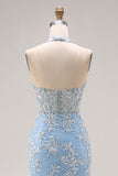 Sky Blue Mermaid Appliqued Halter Neck Long Corset Prom Dress with Slit
