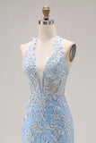 Sky Blue Mermaid Appliqued Halter Neck Long Corset Prom Dress with Slit