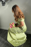 Gorgeous Green Off the Shoulder Sheath Ruched Maxi Formal Dress