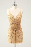 Sparkly Golden Tight Spaghetti Straps Backless Prom Dress with Sequins