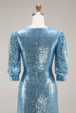 Sparkly Champagne Sequins Half Sleeves Long Formal Dress with Slit