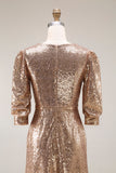 Sparkly Champagne Sequins Half Sleeves Long Formal Dress with Slit