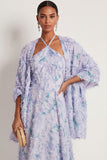 Light Purple Floral Halter Neck A Line Long Wedding Guest Dress with Cape
