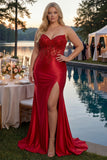 Sparkly Red Appliqued Strapless Mermaid Corset Maxi Prom Dress with Slit