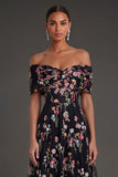 Black Floral A Line Embroidered Off the Shoulder Long Formal Dress
