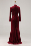 Cabernet Velvet High Neck Sweep Train Formal Dress with Sleeves