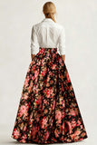 2 Piece White and Black Pink Flower Collar Neck Maxi Mother of the Bride Dress