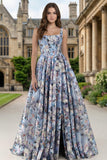 Floral Blue Square Neck A Line Maxi Corset Prom Dress with Slit