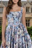 Floral Blue Square Neck A Line Maxi Corset Prom Dress with Slit