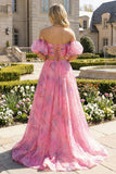 Floral 2 Piece Pink Strapless A Line Maxi Prom Dress with Slit