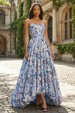 Floral Blue Strapless Ball Gown Maxi Corset Prom Dress