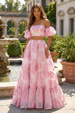 Floral Pink 2 Piece Ball Gown Strapless Maxi Prom Dress