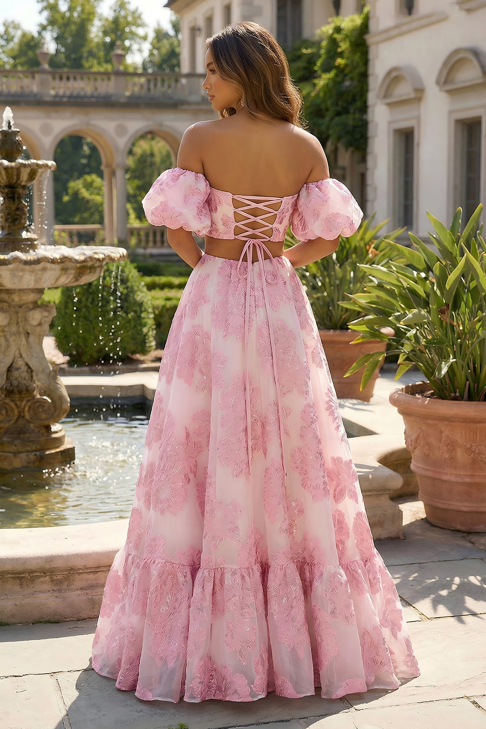Leely Women Floral Pink 2 Piece Maxi Prom Dress Jacquard Ball Gown