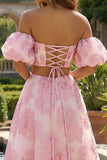 Floral Pink 2 Piece Ball Gown Strapless Maxi Prom Dress