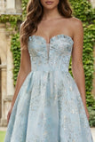 Floral Light Blue Ball Gown Sweetheart Maxi Corset Prom Dress