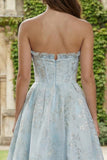 Floral Light Blue Ball Gown Sweetheart Maxi Corset Prom Dress