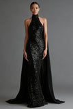 Sparkly Black High Neck Sheath Backless Maxi Formal Dress with Cape